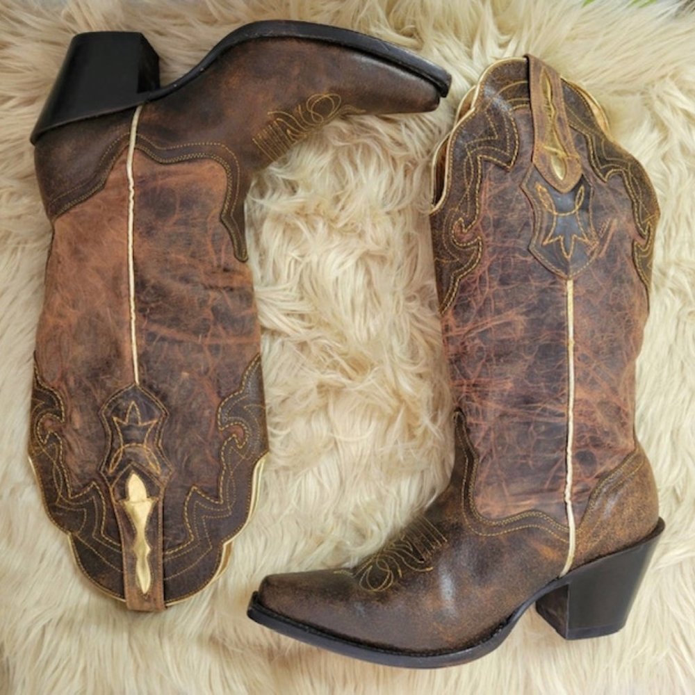 J.B. DILLON BROWN & GOLD GOAT LEATHER SNIP TOE WESTERN BOOTS #JBW5003 SIZE 8